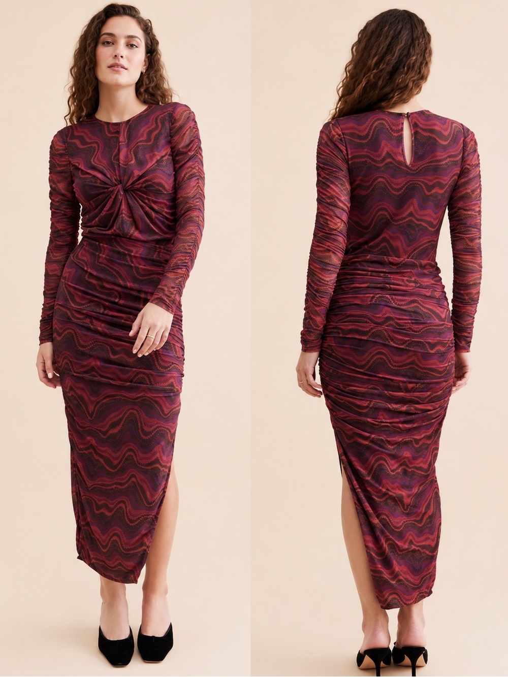 Saylor Liline Painted Mesh Ruched Midi Dress Size S Long Sleeve Side Slit